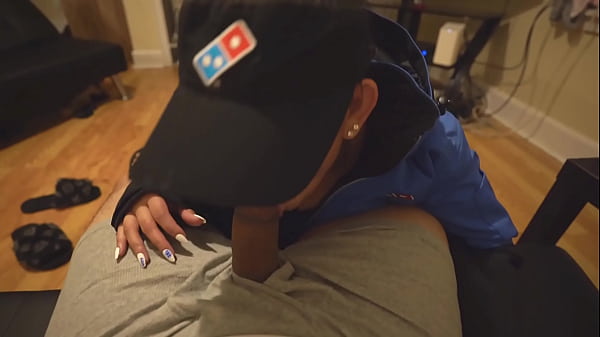 sexy asian pizza delivery girl comes inside to suck and fuck